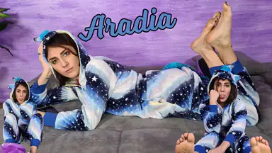 Stunning Aradia in hooded pajama and purple slippers