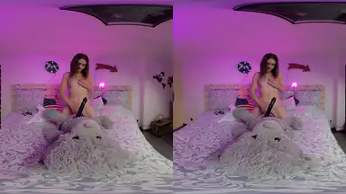 Hottest teen girl Matty riding strapon dildo on plush toy
